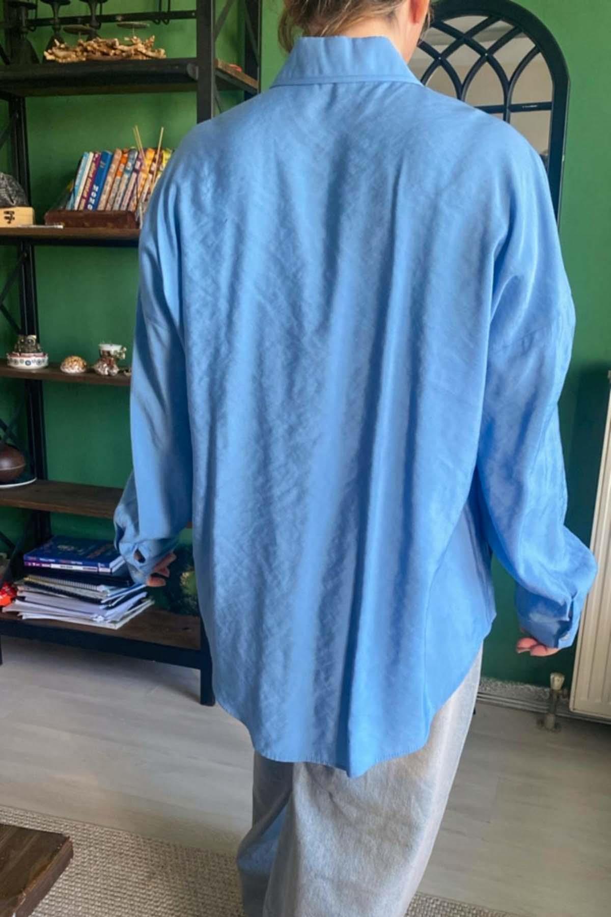 Boncuk İşlemeli Aerobin Gömlek Büyük Beden Mavi