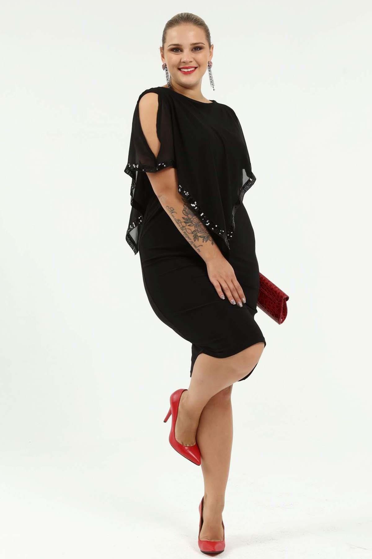 Büyük Beden Payet Detay Kısa Abiye Elbise KL8022K Siyah