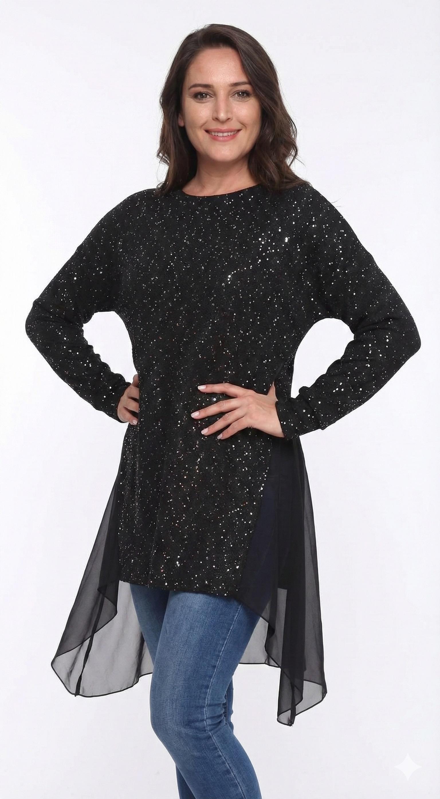 PAYETLİ TÜL DETAY TUNİK Siyah