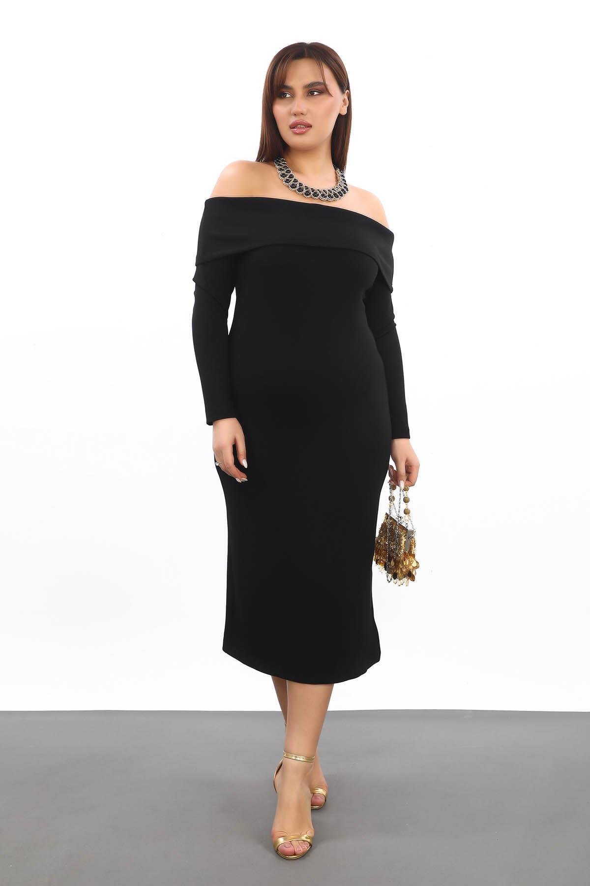 Carmen Yaka Oyshokumaş Büyük Beden Elbise Siyah