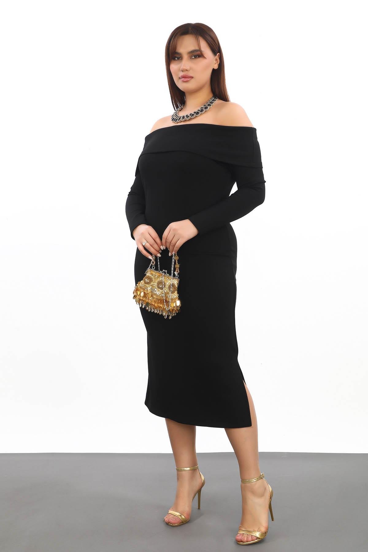 Carmen Yaka Oyshokumaş Büyük Beden Elbise Siyah