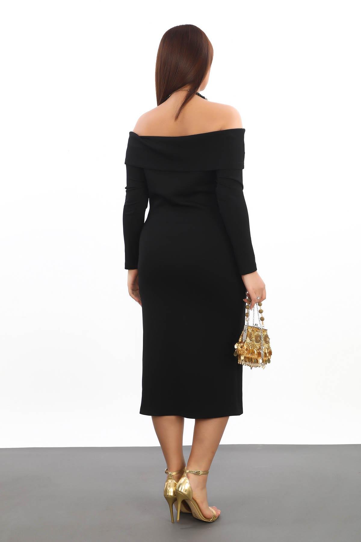 Carmen Yaka Oyshokumaş Büyük Beden Elbise Siyah