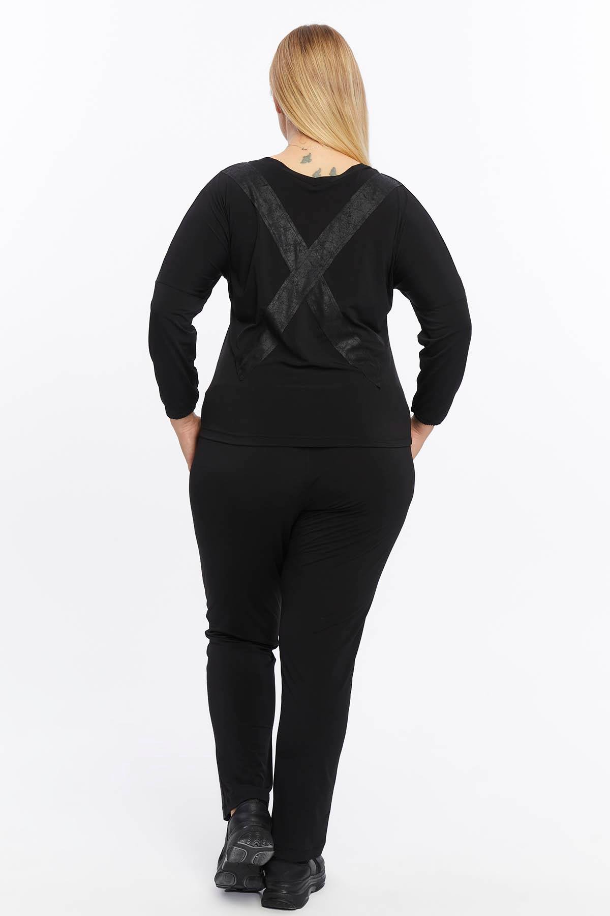 Deri Detaylı Büyük Beden Eşofman Takım Siyah