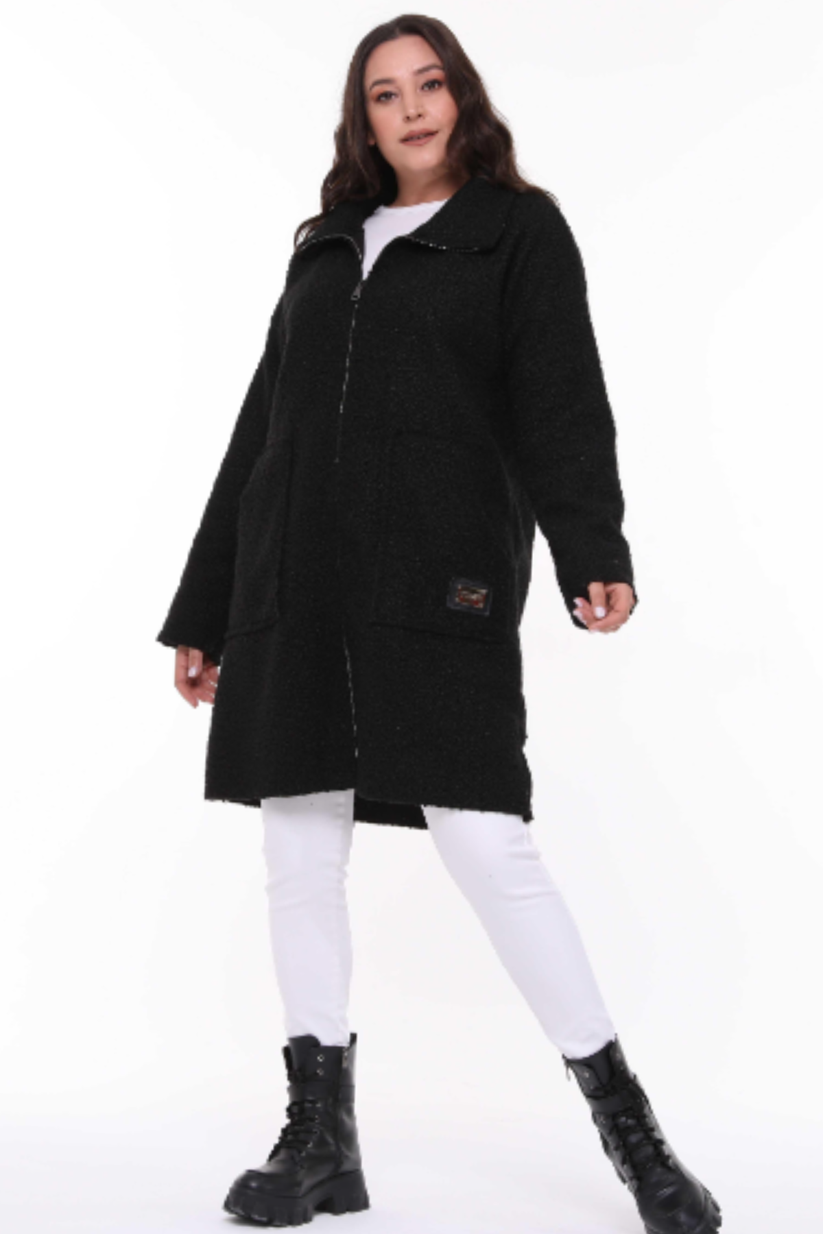 Dik Yaka Buklet Büyük Beden Uzun Mont Siyah