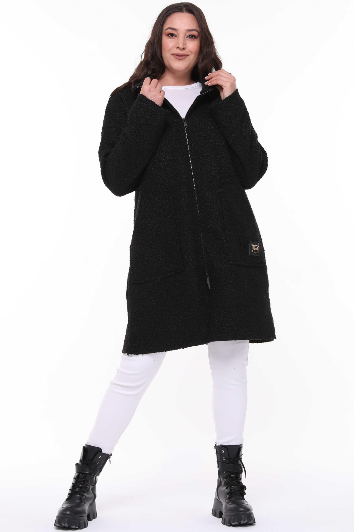 Dik Yaka Buklet Büyük Beden Uzun Mont Siyah