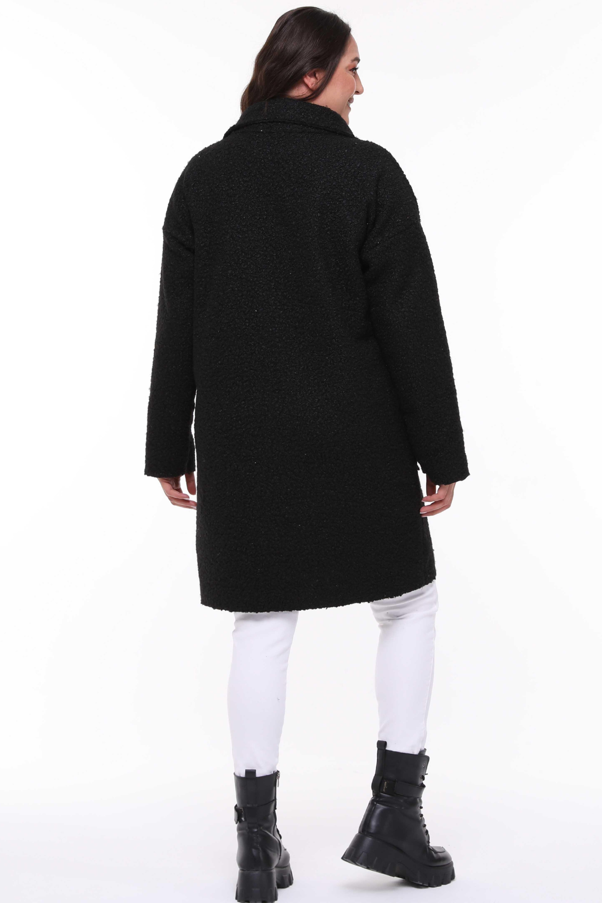 Dik Yaka Buklet Büyük Beden Uzun Mont Siyah
