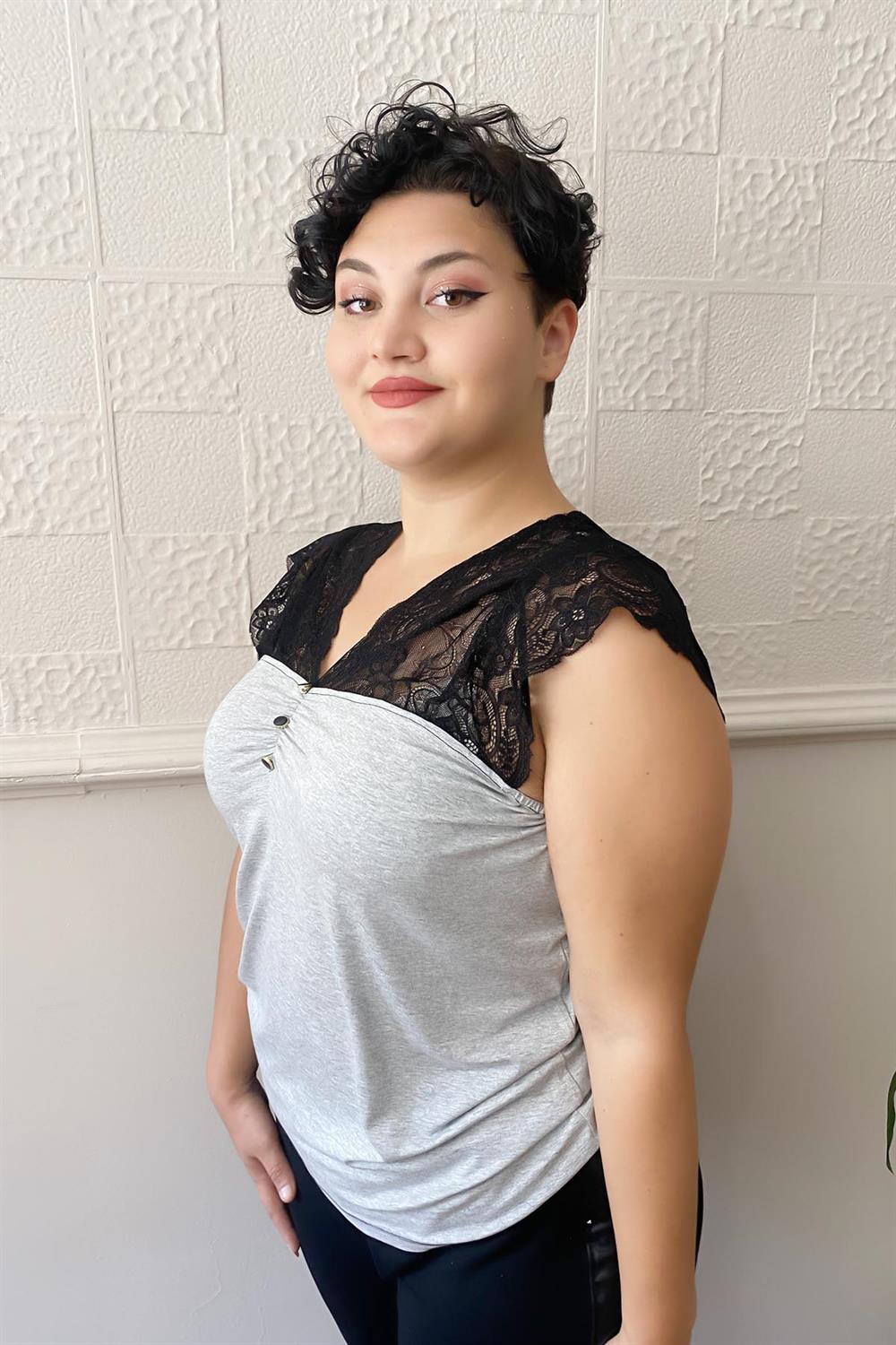 Düğme D.Dantelli Büyük Beden Penye Bluz Gri