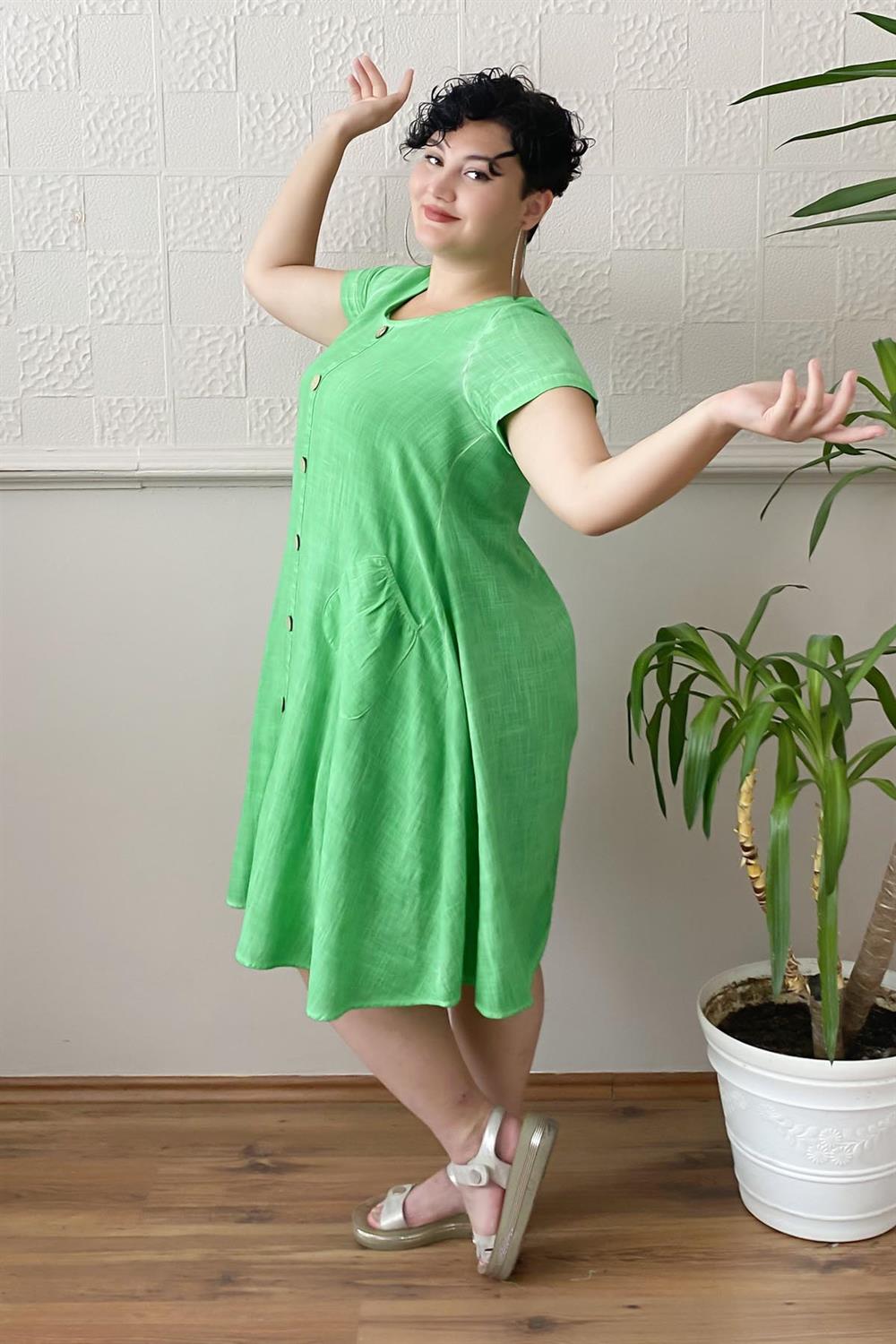 Düğme Detay Yıkamalı Büyük Beden Elbise Yeşil