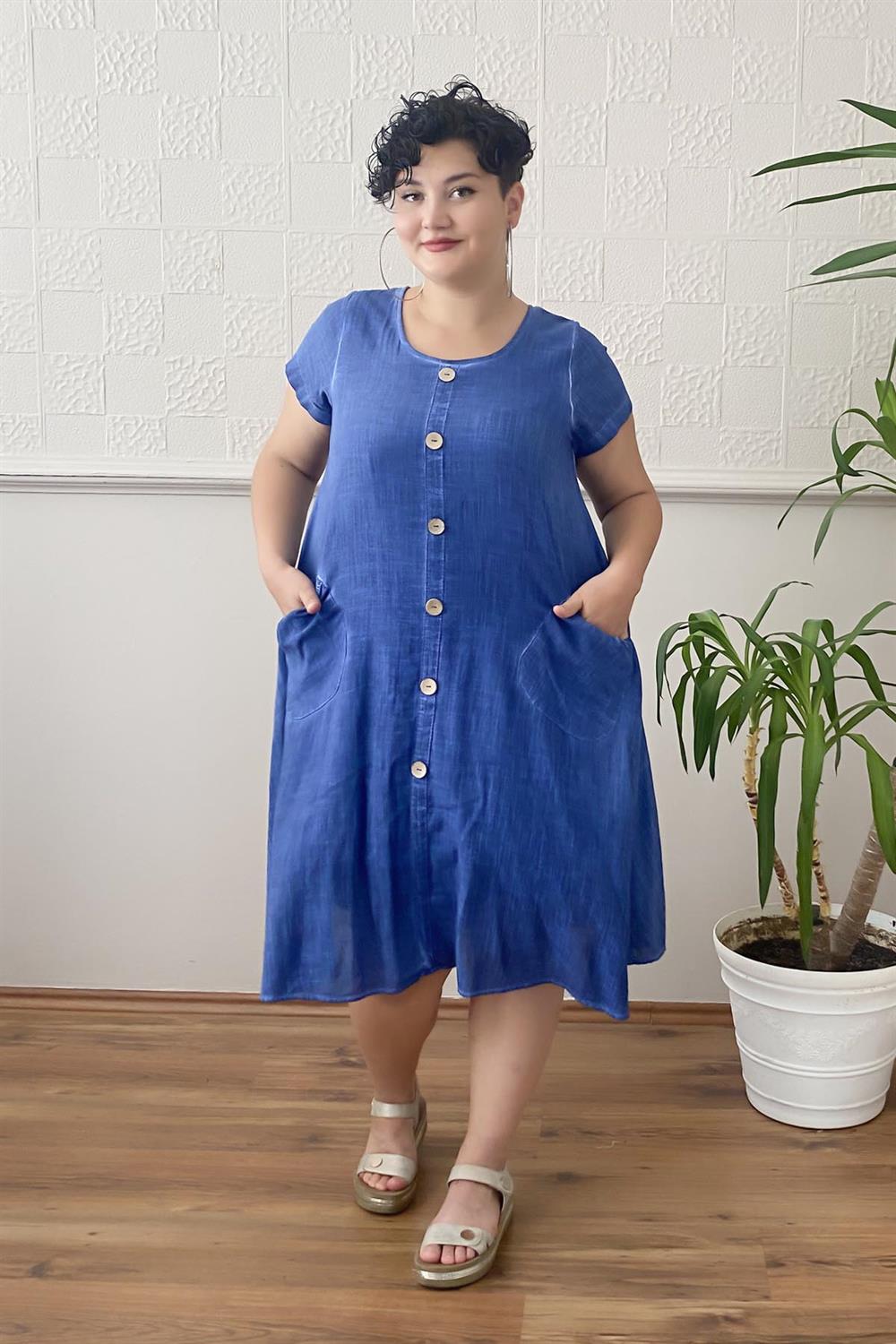 Düğme Detay Yıkamalı Büyük Beden Elbise Lacivert