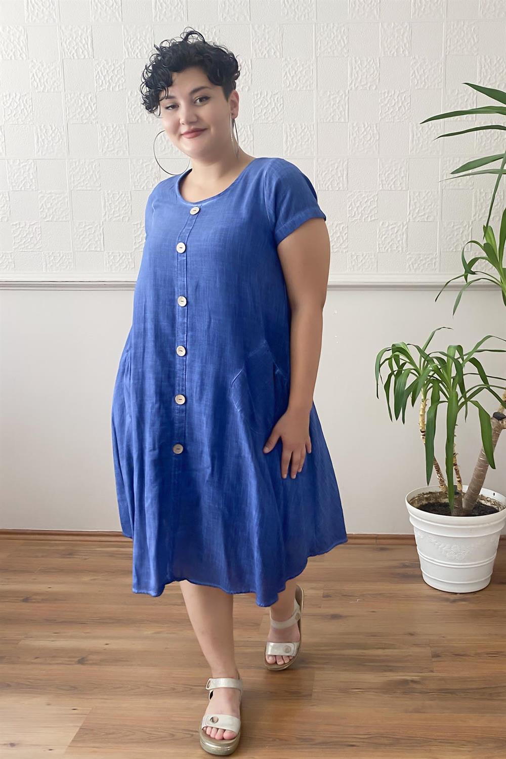 Düğme Detay Yıkamalı Büyük Beden Elbise Lacivert