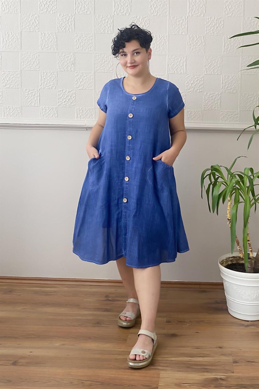 Düğme Detay Yıkamalı Büyük Beden Elbise Lacivert