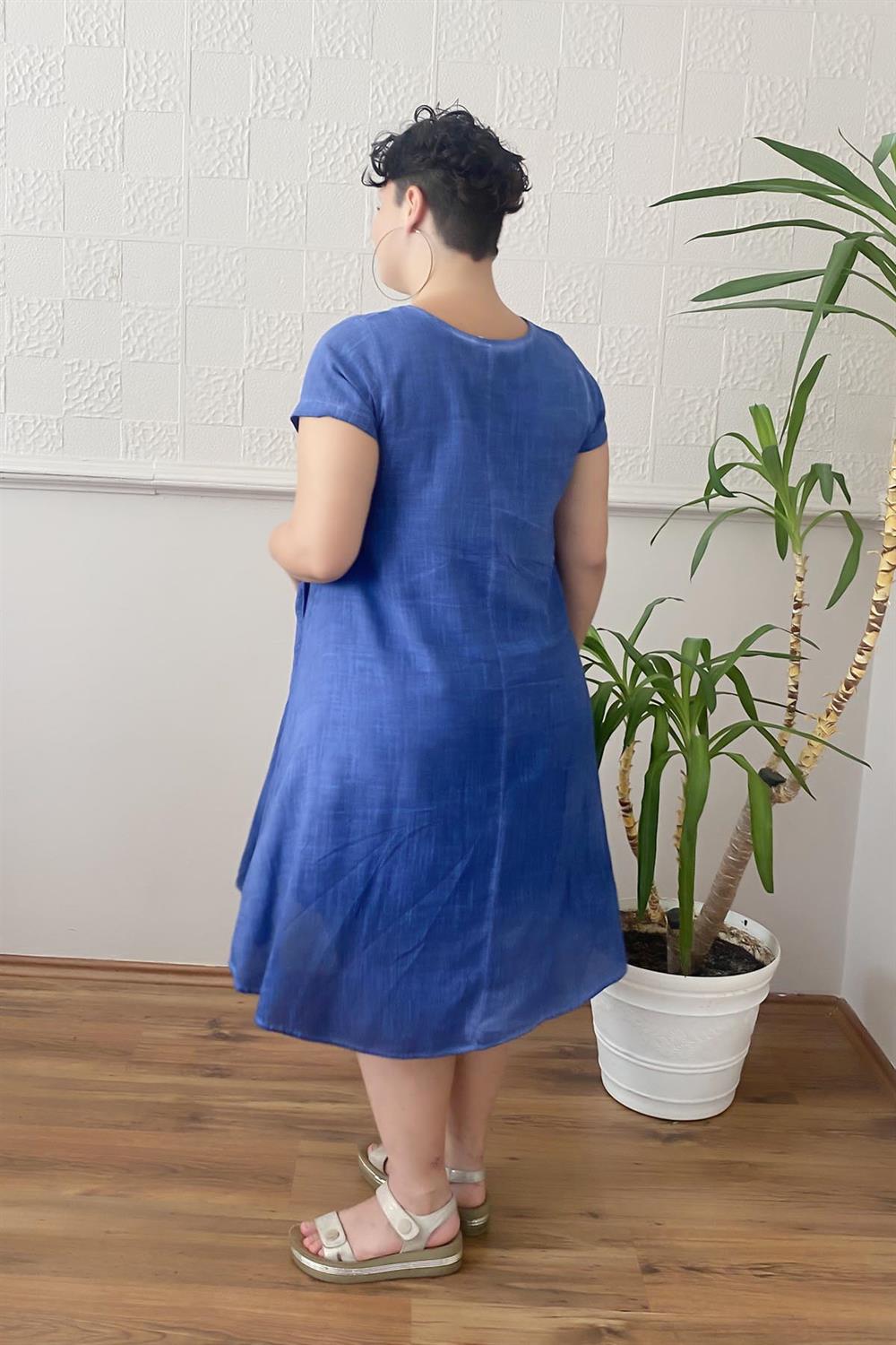 Düğme Detay Yıkamalı Büyük Beden Elbise Lacivert