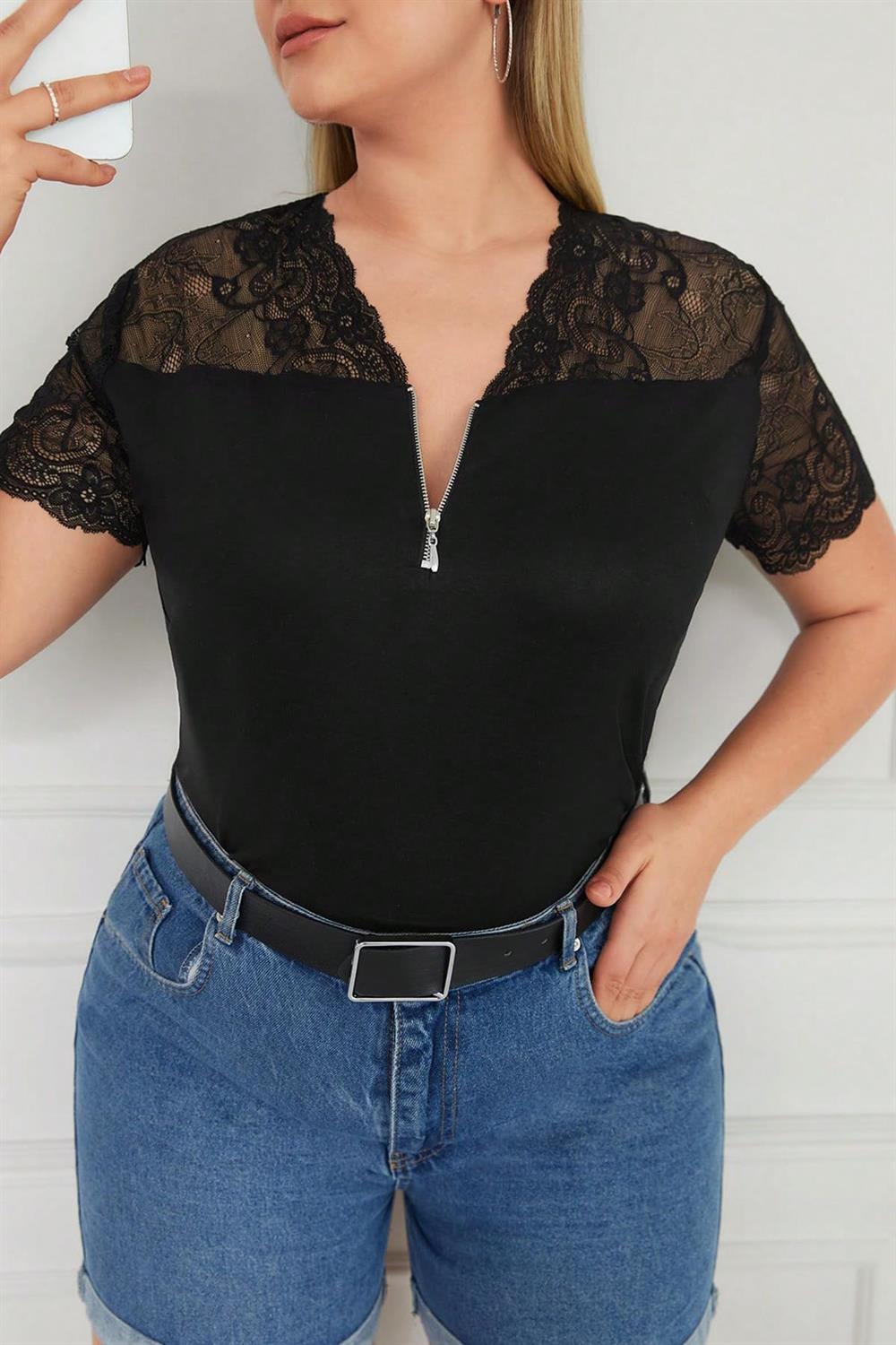 Fermuar ve Dantelli Büyük Beden Penye Bluz Siyah