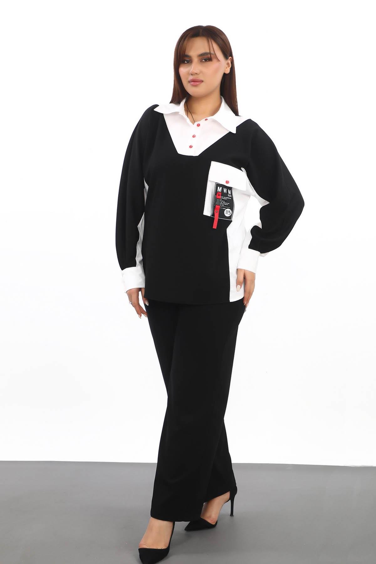 Gömlek Yaka Büyük Beden Tunik Siyah-Beyaz