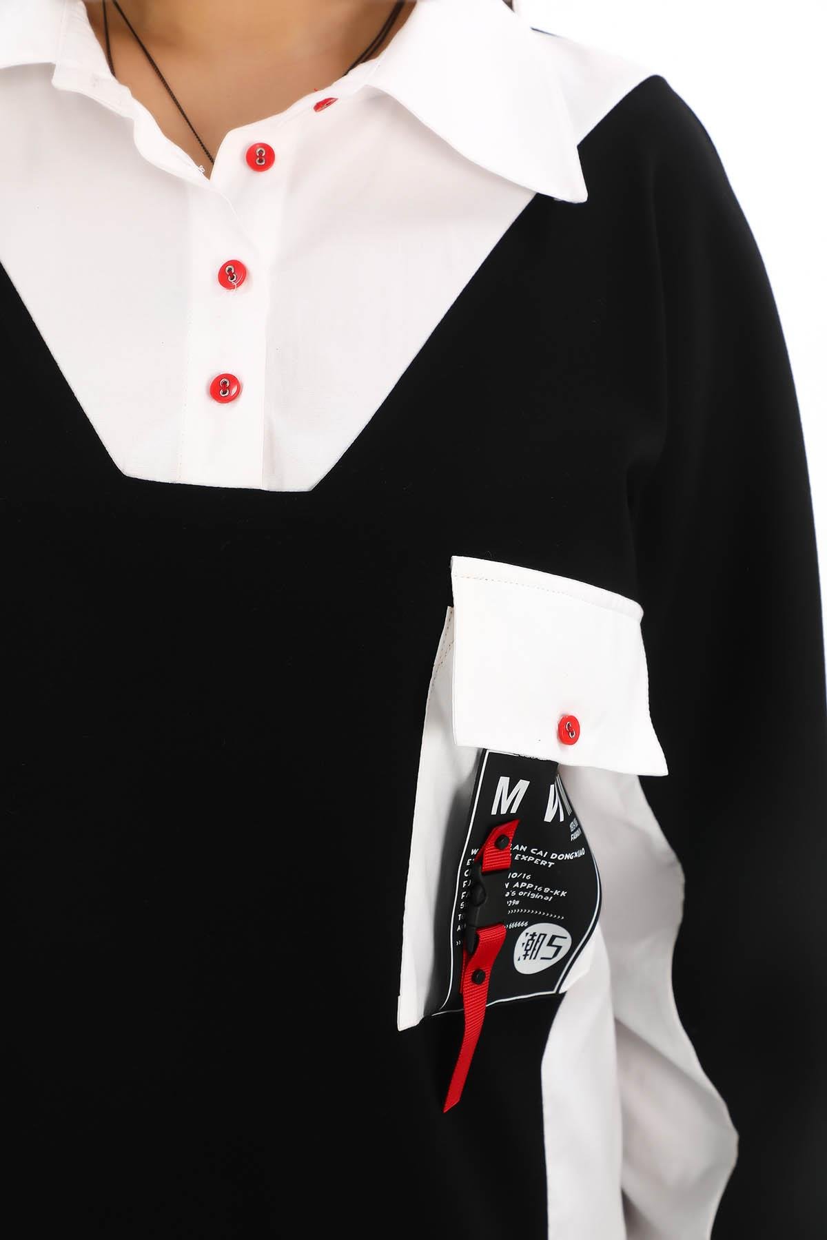 Gömlek Yaka Büyük Beden Tunik Siyah-Beyaz