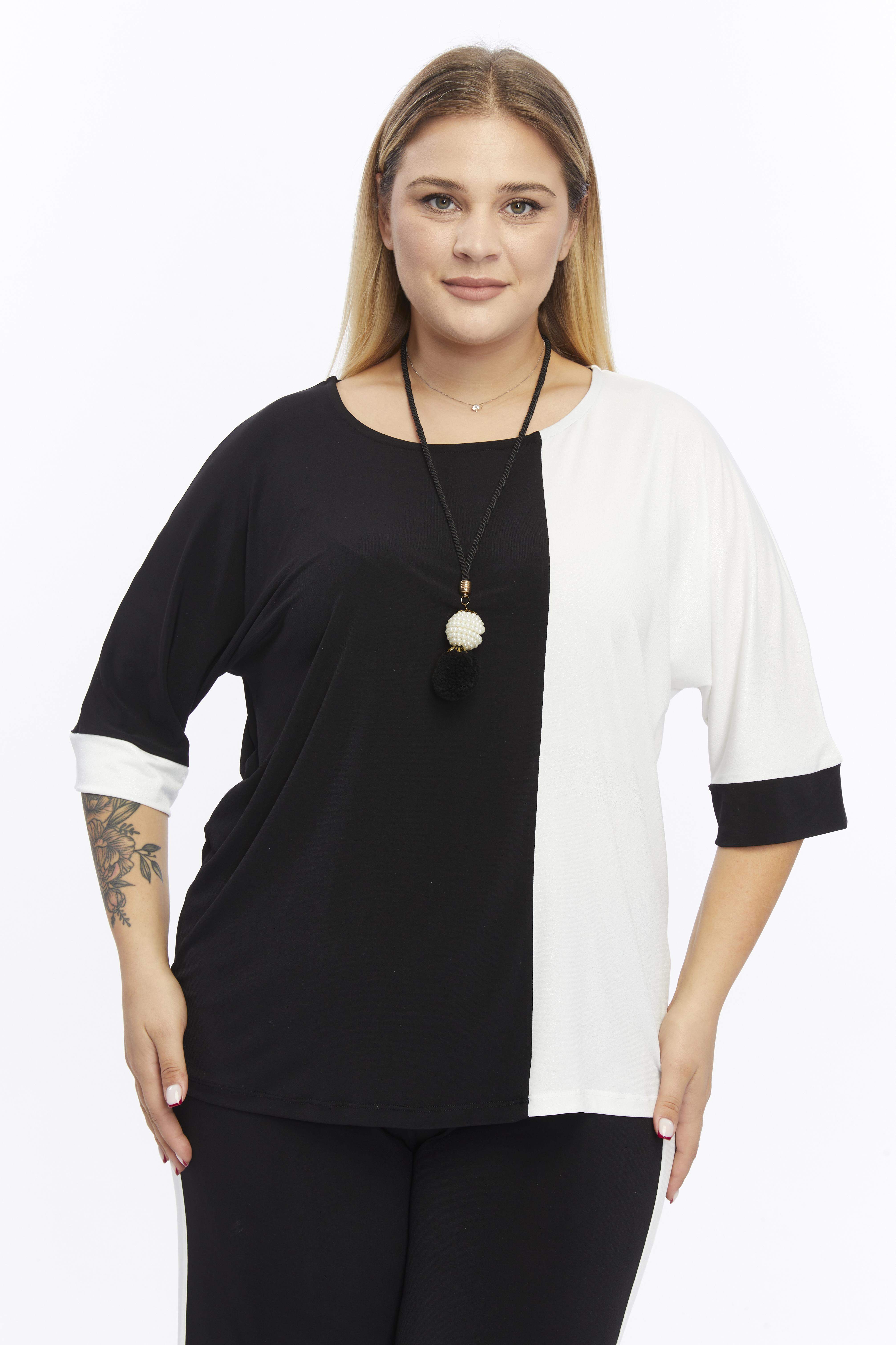 İki Renk Büyük Beden Bluz Siyah-Ekru