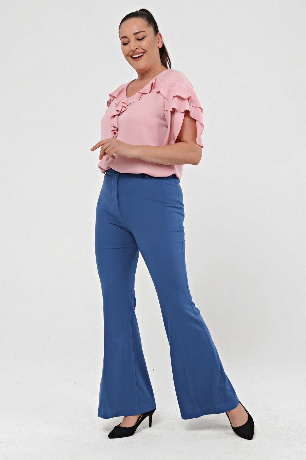 İspanyol Paça Büyük Beden Krep Pantolon Mavi