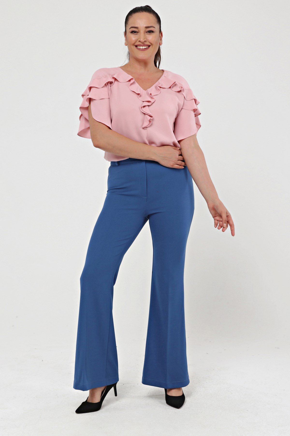 İspanyol Paça Büyük Beden Krep Pantolon Mavi