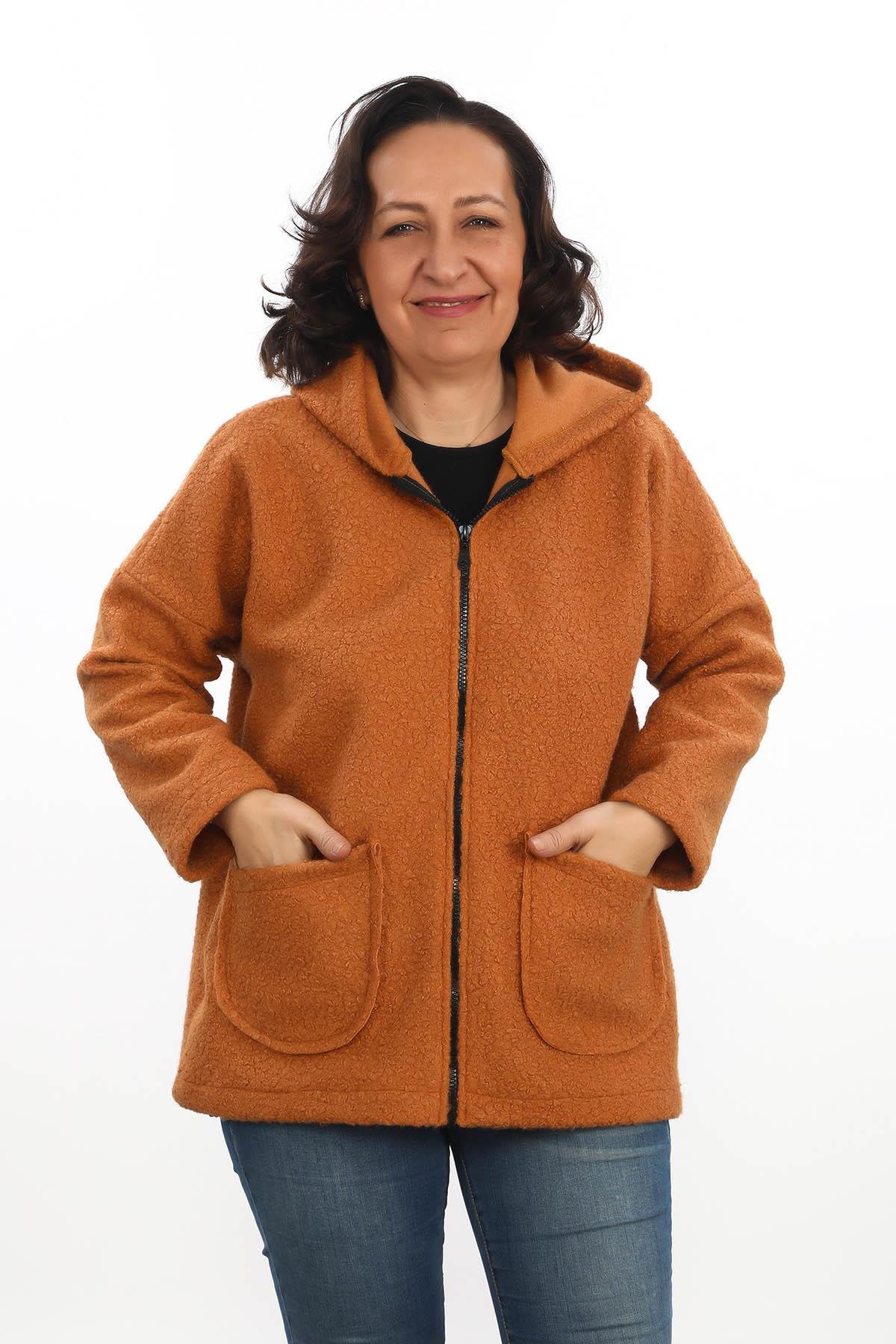 Kapüşonlu Buklet Büyük Beden Kısa Mont Hardal