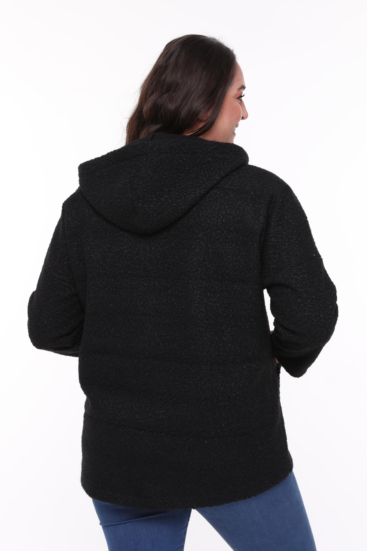 Kapüşonlu Buklet Büyük Beden Kısa Mont Siyah