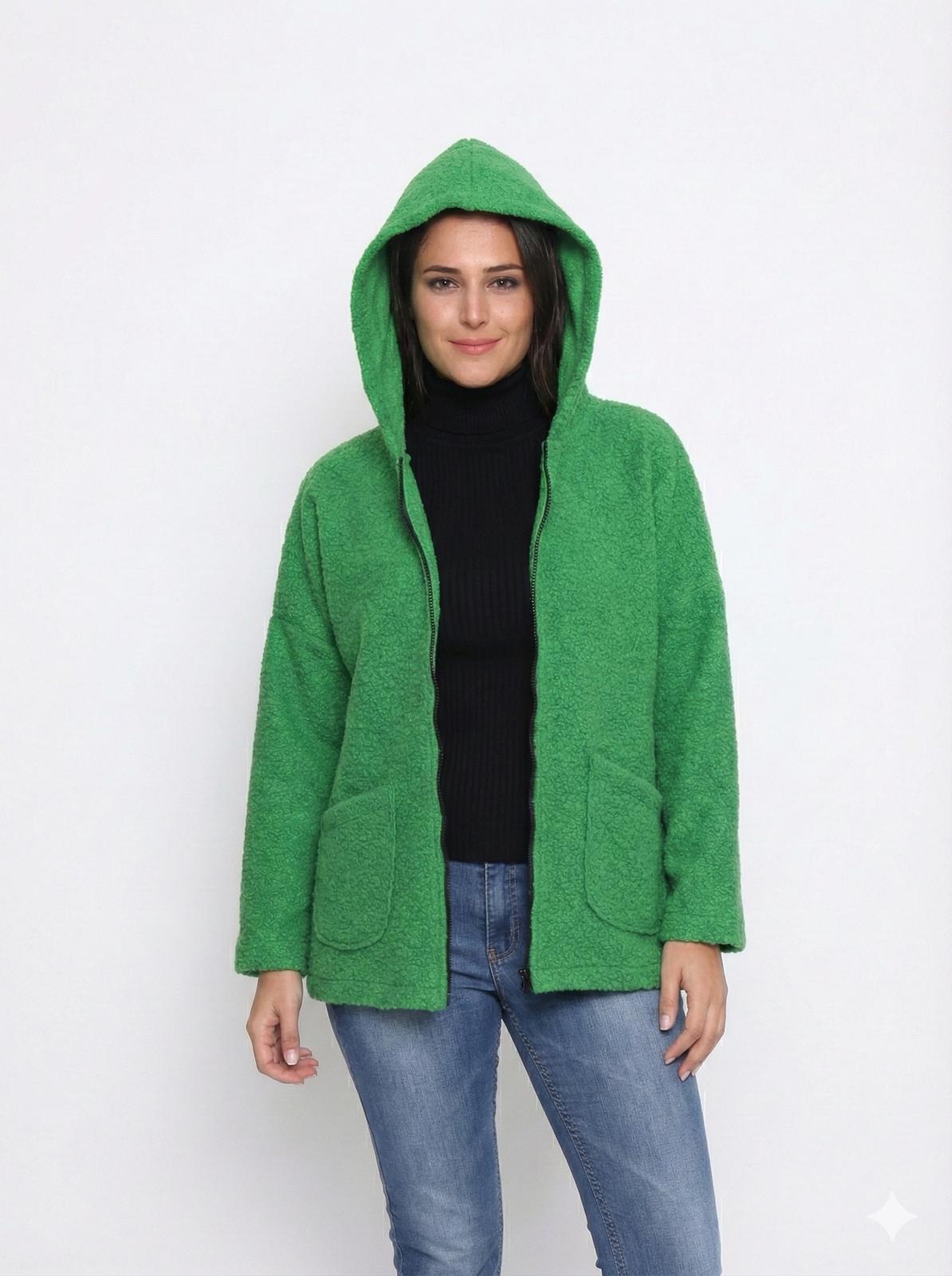 Kapüşonlu Buklet Büyük Beden Kısa Mont Yeşil