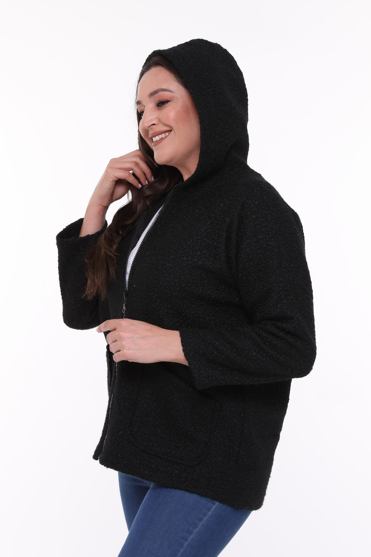 Kapüşonlu Buklet Büyük Beden Kısa Mont Siyah