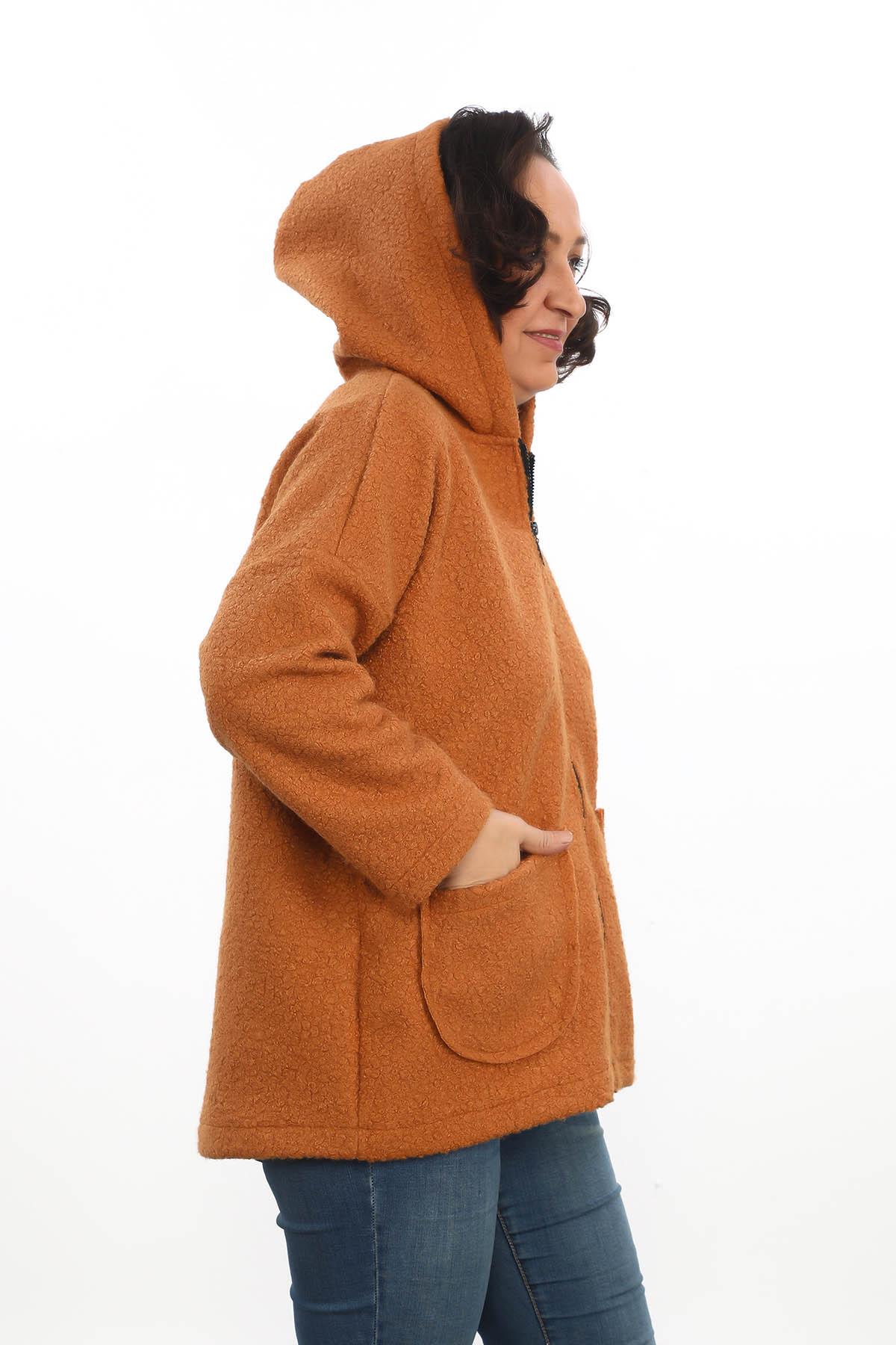 Kapüşonlu Buklet Büyük Beden Kısa Mont Hardal