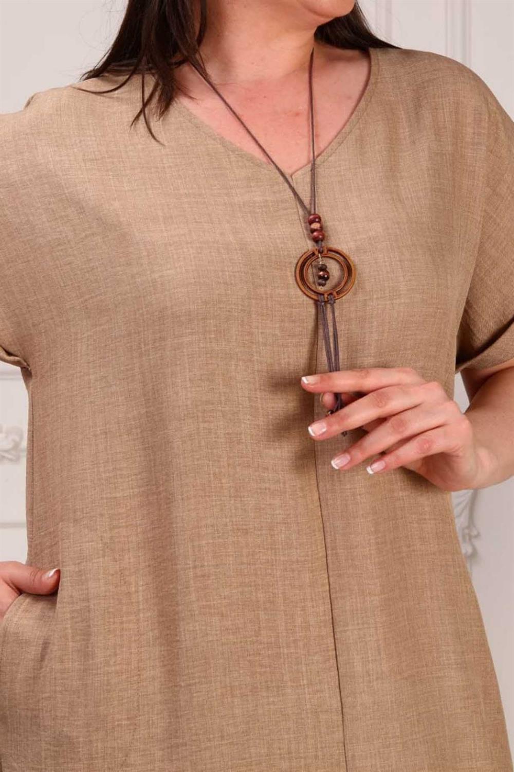 Kolyeli Büyük Beden Keten Ayrobin Elbise Camel