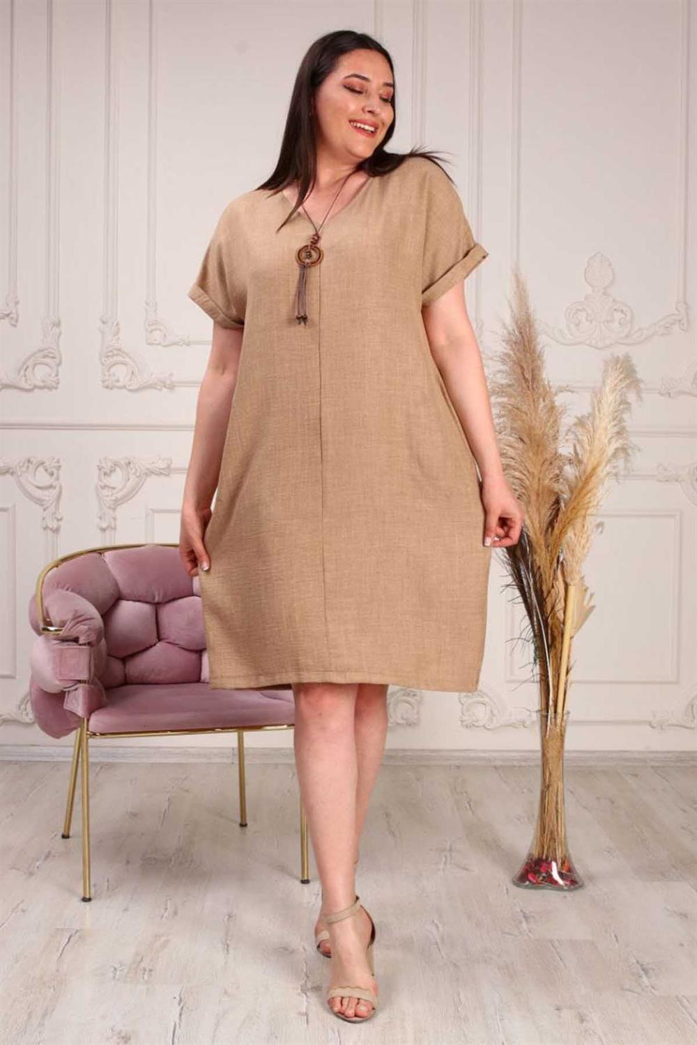 Kolyeli Büyük Beden Keten Ayrobin Elbise Camel