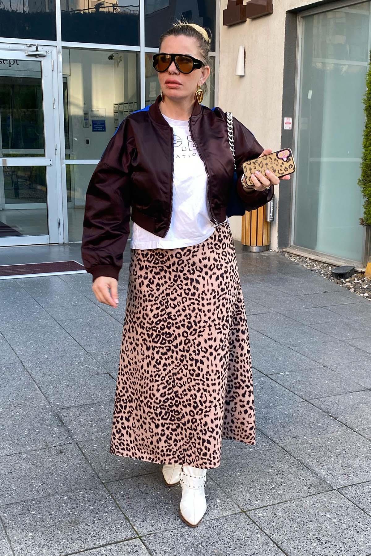 Leopar Desen Büyük Beden Etek Vizon