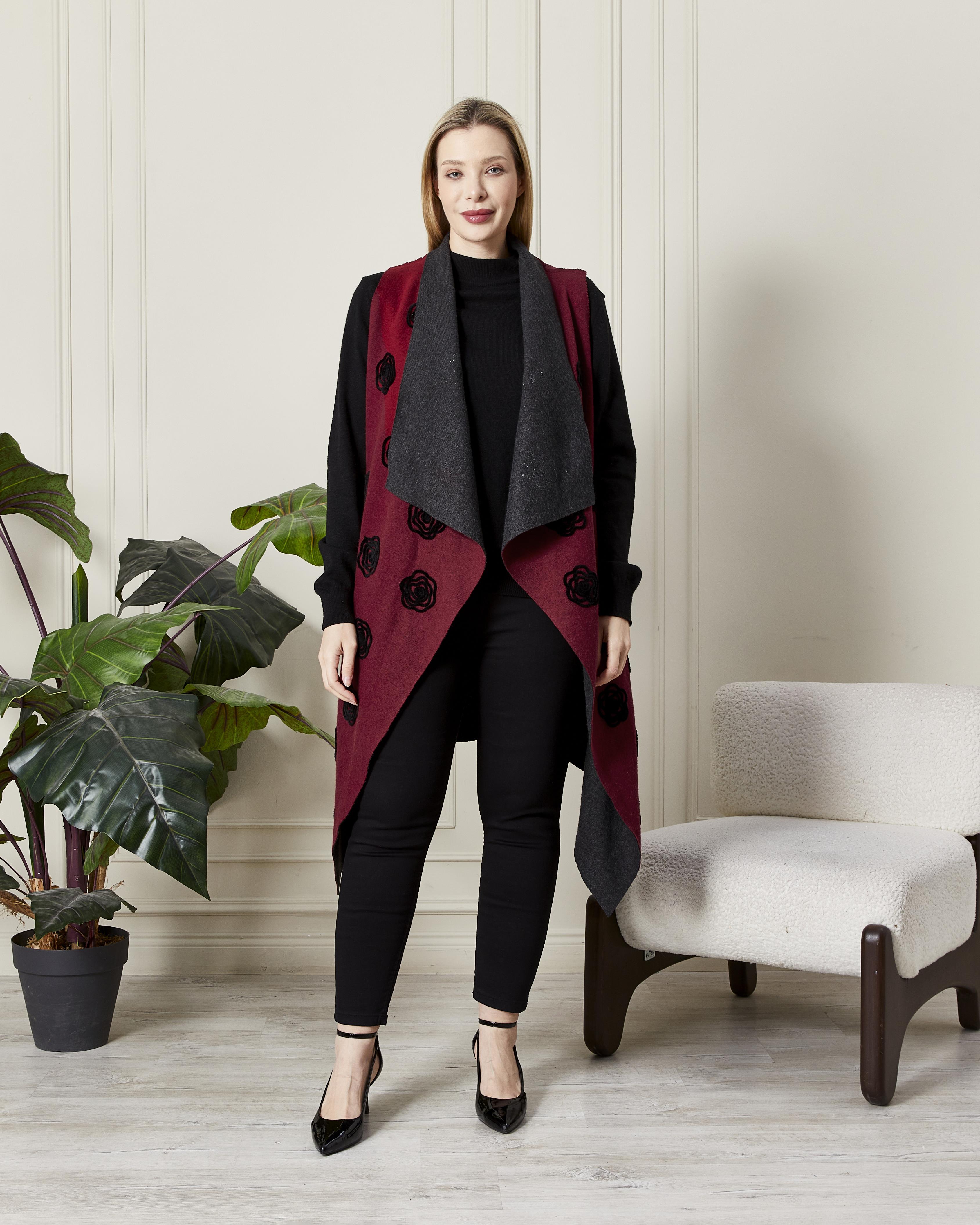 Nakış Detaylı Şal Yaka Uzun Yelek Bordo