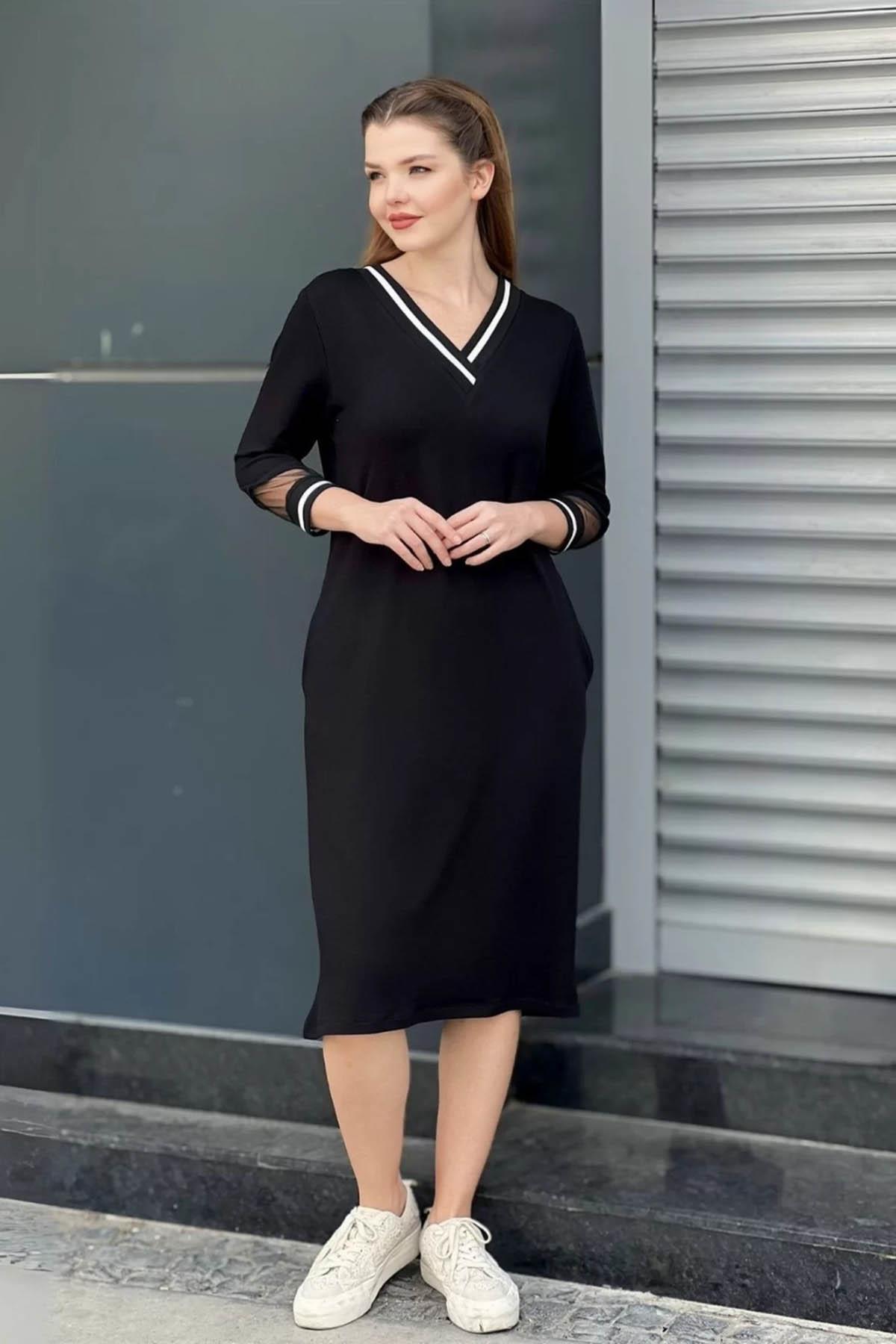 V Yaka Cepli Midi Boy Elbise Siyah