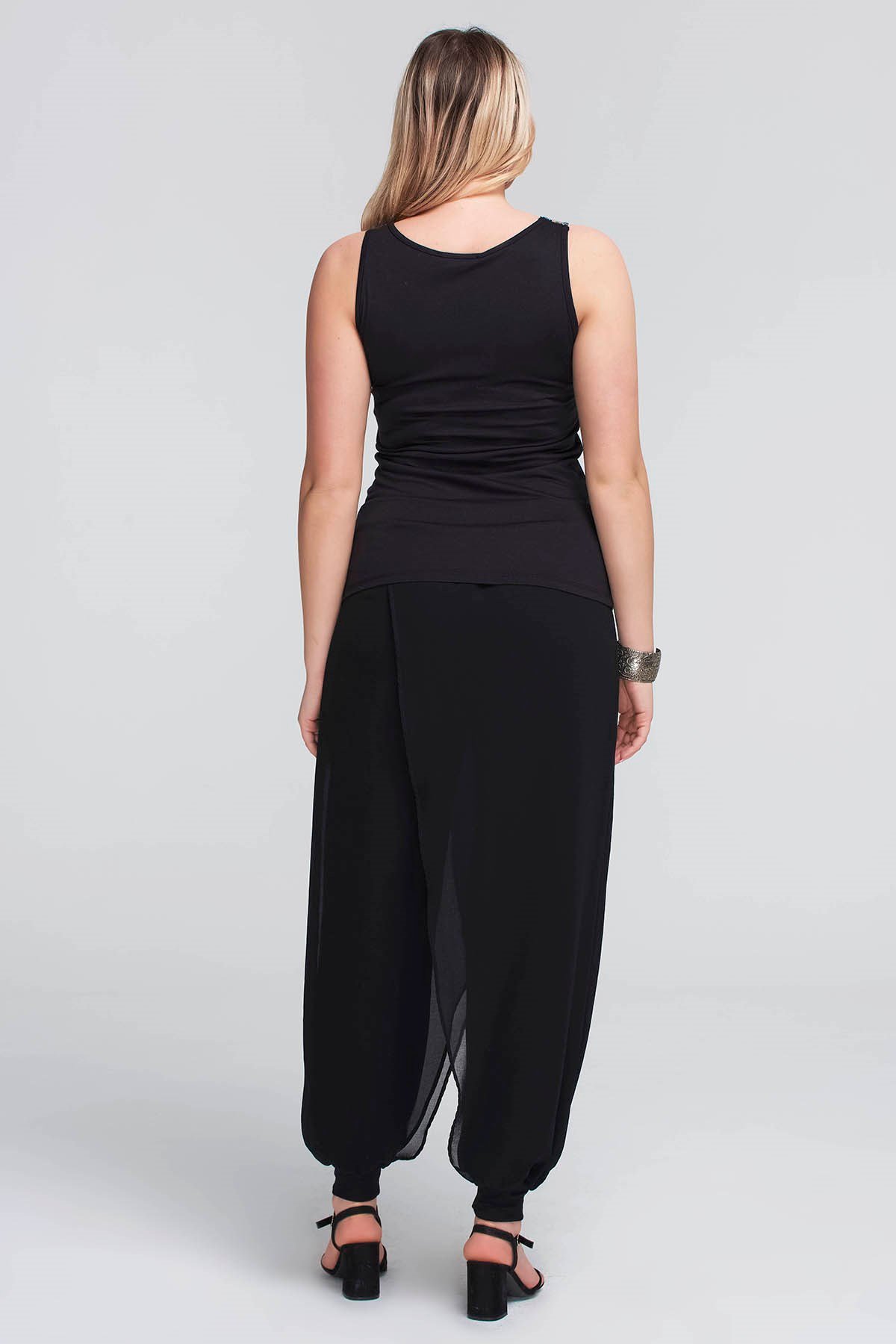 Anvelop Şifon Katlı Büyük Beden Şalvar Pantolon Siyah