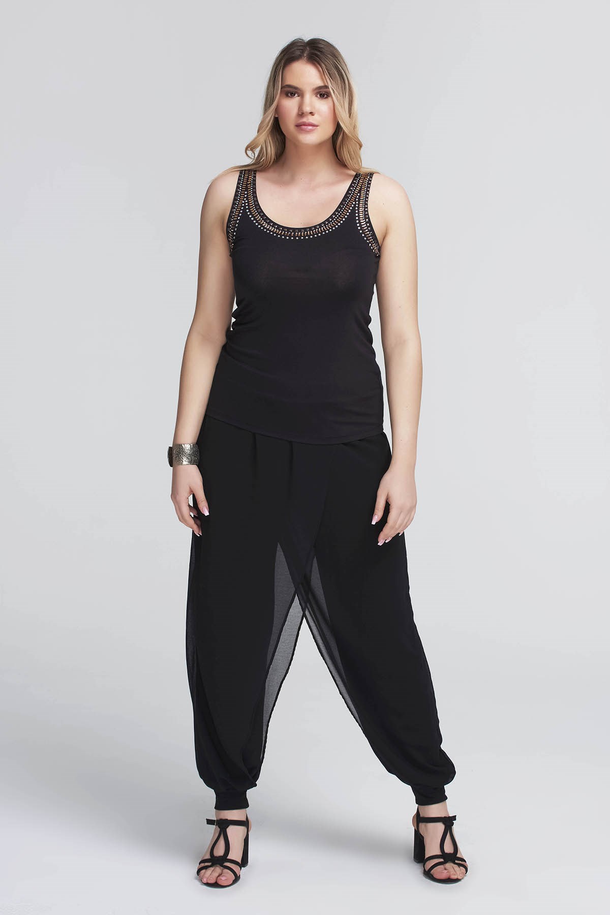 Anvelop Şifon Katlı Büyük Beden Şalvar Pantolon Siyah