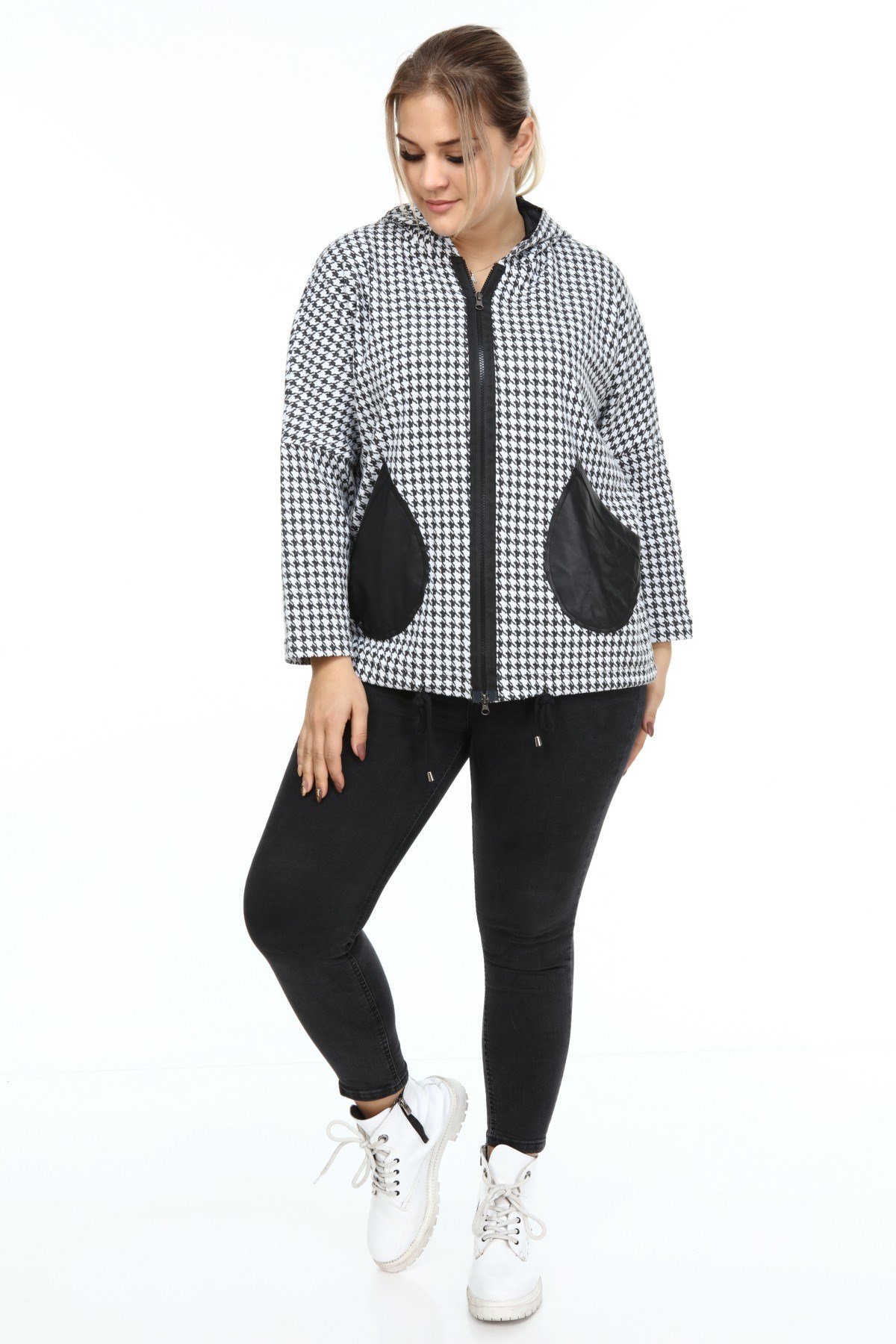 Deri Garnili Kazayağı Büyük Beden Mont Siyah