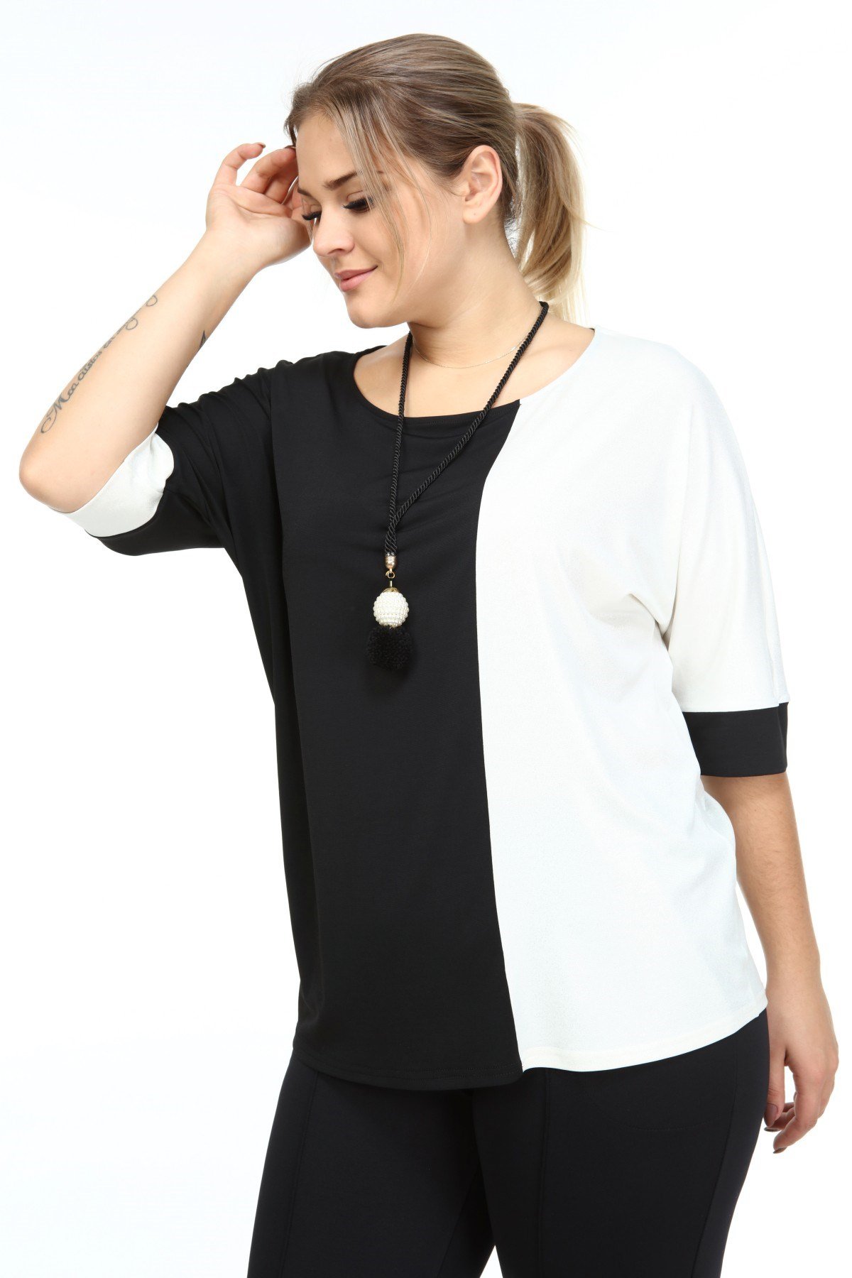 İki Renk Büyük Beden Bluz Siyah-Ekru