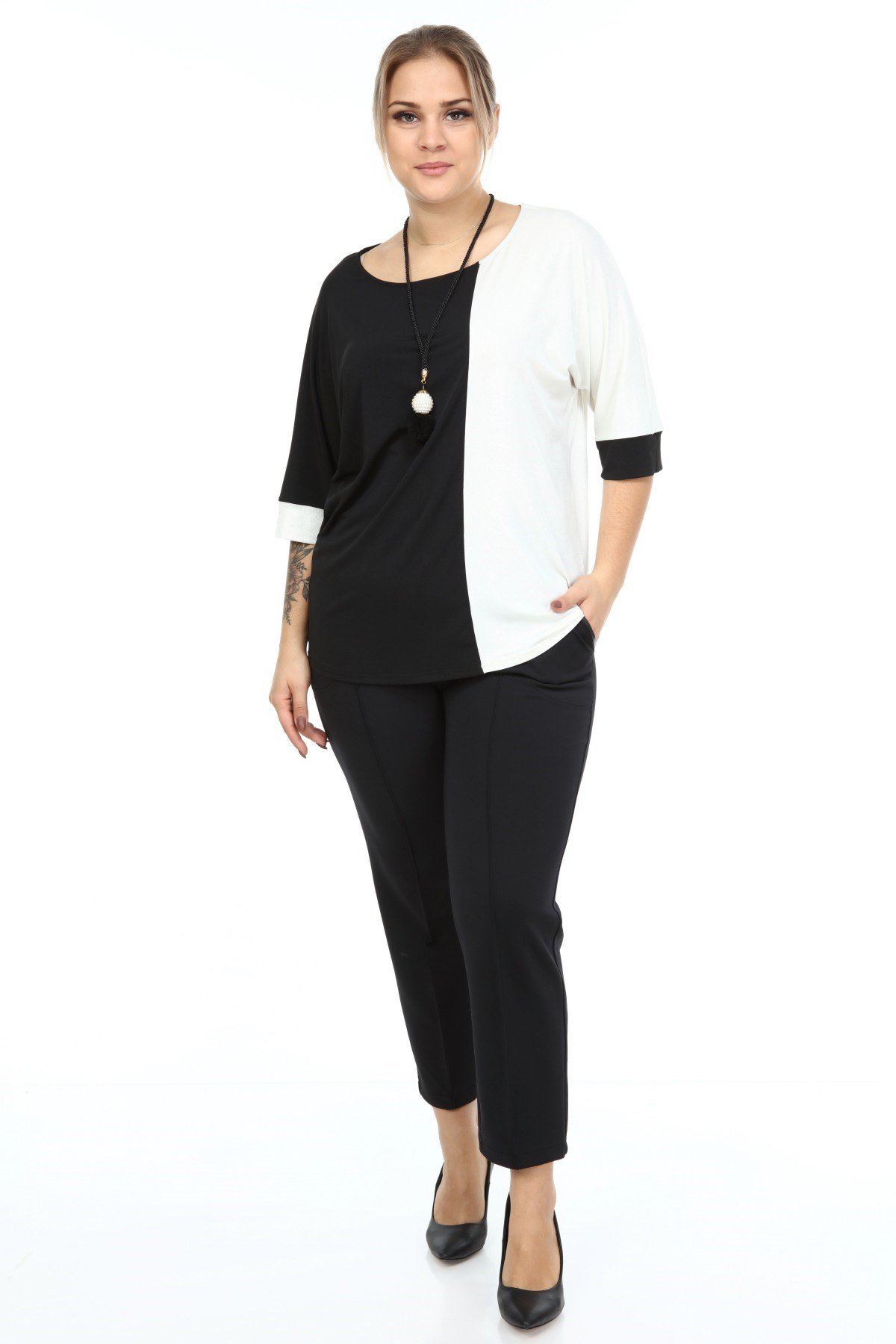 İki Renk Büyük Beden Bluz Siyah-Ekru