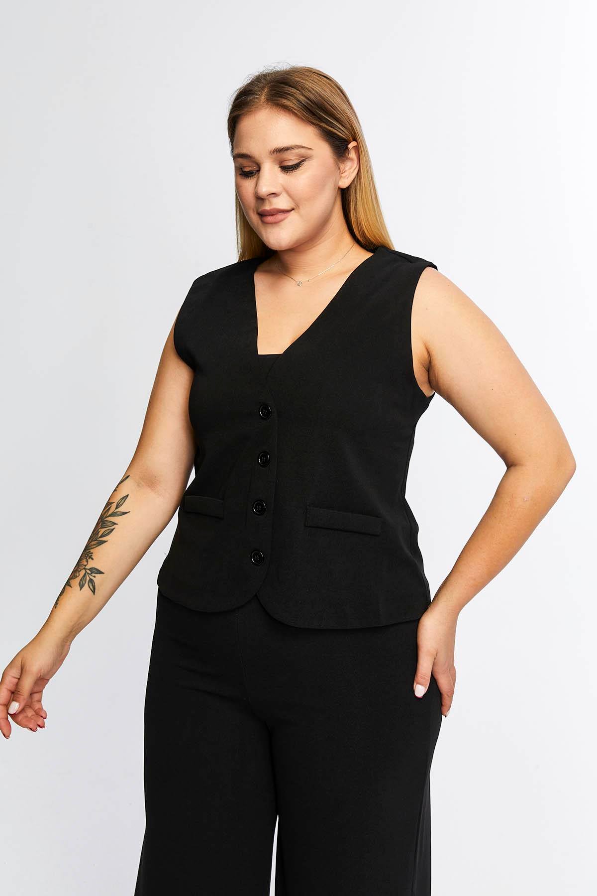 Zerotantik Önden Düğmeli V Yaka Yelek Siyah