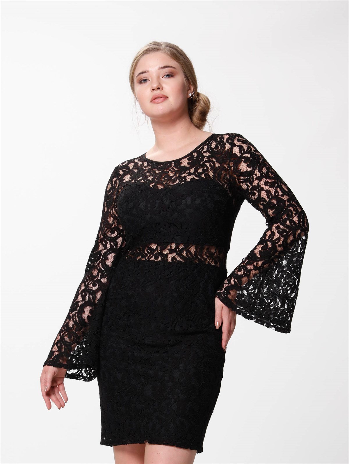 Volan Kol Dantel Elbise Siyah