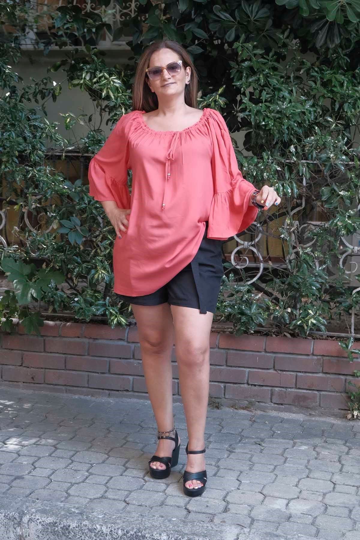 Yakası Lastikli Volankol Büyük Beden Tunik Mercan