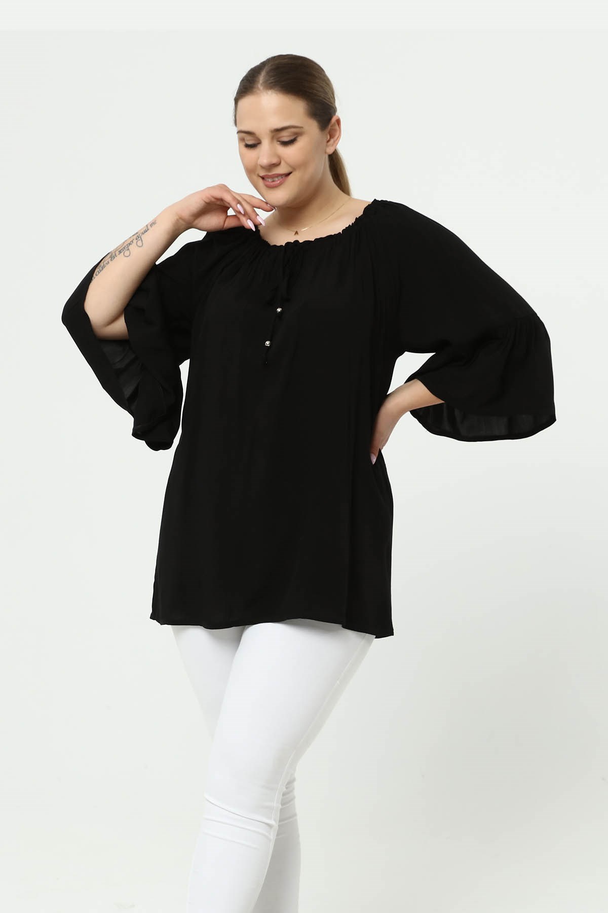 Yakası Lastikli Volankol Büyük Beden Tunik Siyah