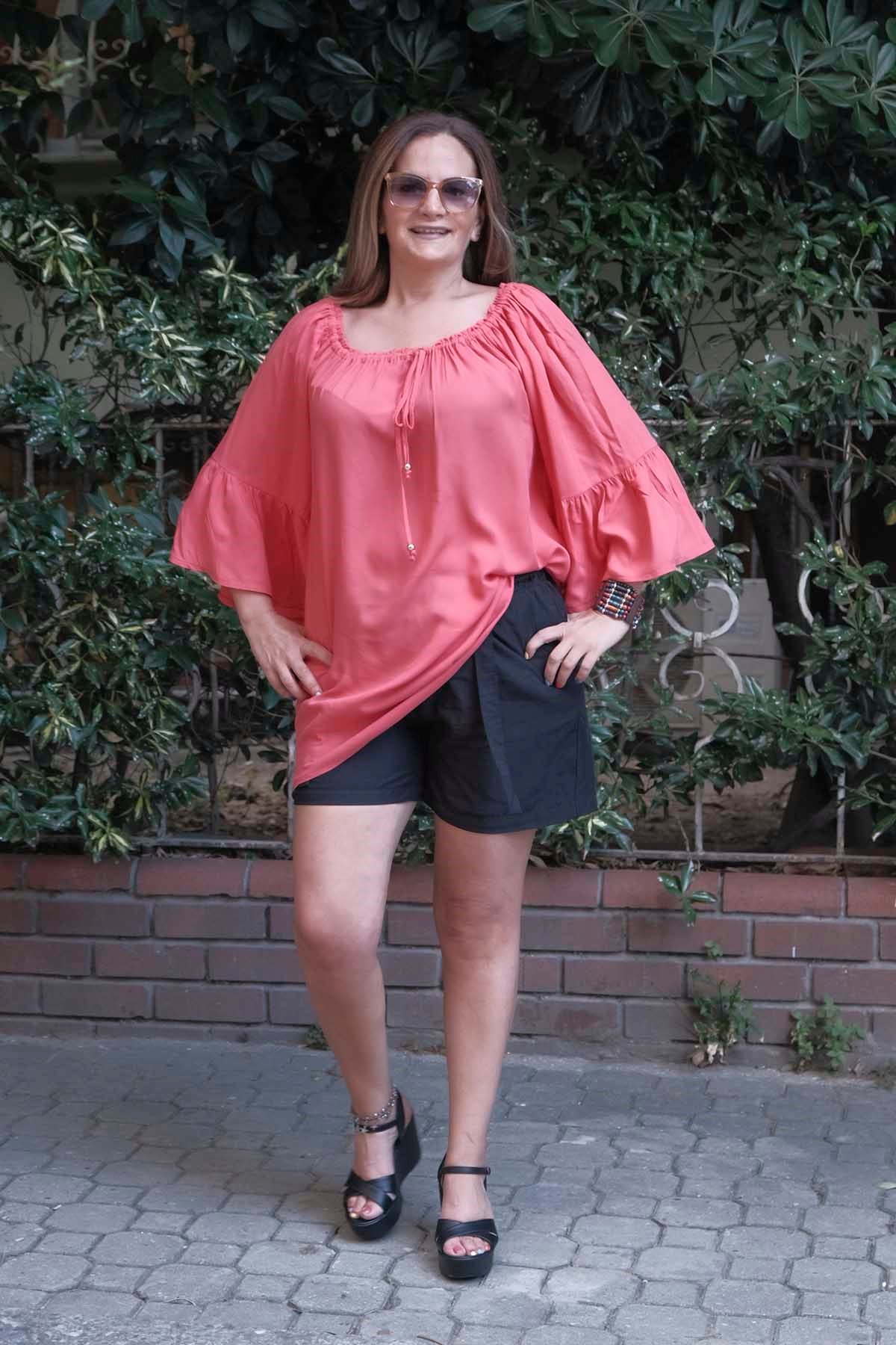 Yakası Lastikli Volankol Büyük Beden Tunik Mercan