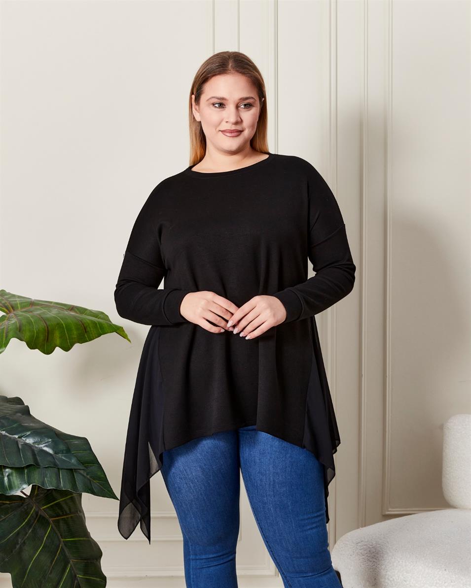 ASİMETRİK BÜYÜK BEDEN TÜL DETAYLI TUNİK Siyah