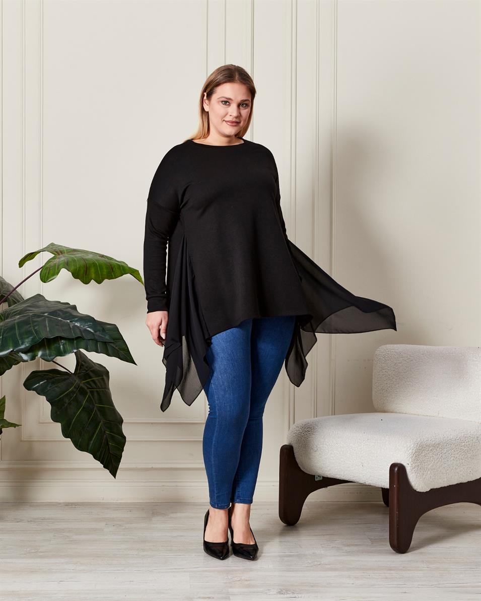 ASİMETRİK BÜYÜK BEDEN TÜL DETAYLI TUNİK Siyah