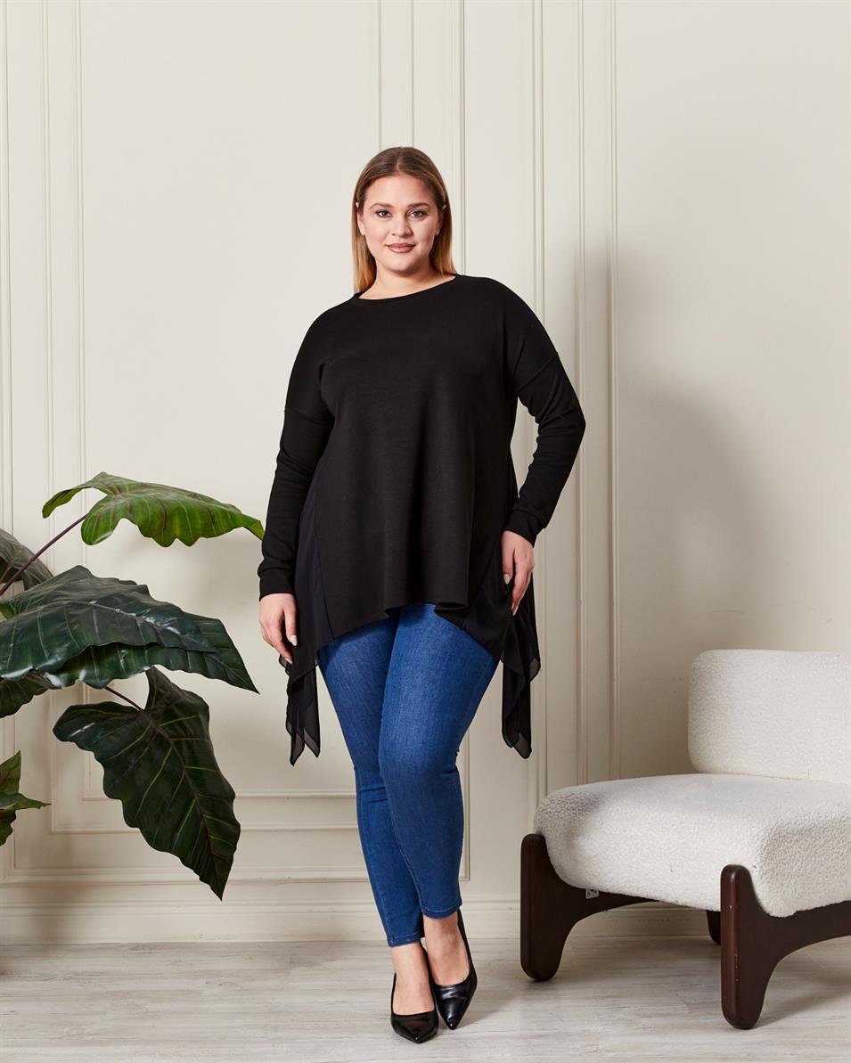 ASİMETRİK BÜYÜK BEDEN TÜL DETAYLI TUNİK Siyah
