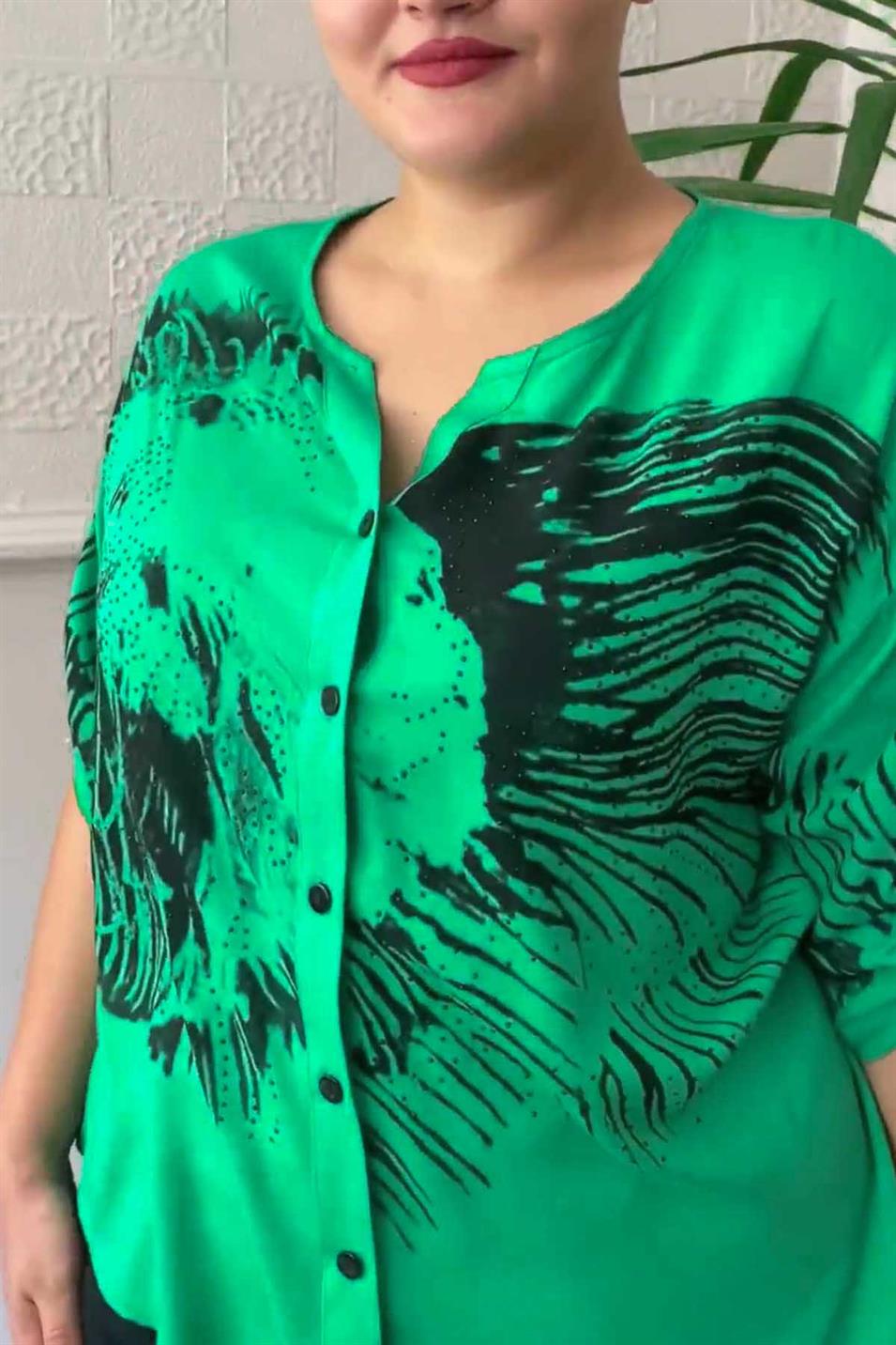 Baskılı Taş Detay Büyük Beden Gömlek Bluz Yeşil