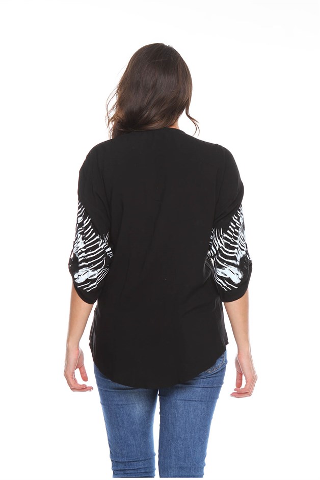 Baskılı Taş Detay Büyük Beden Gömlek Bluz Siyah