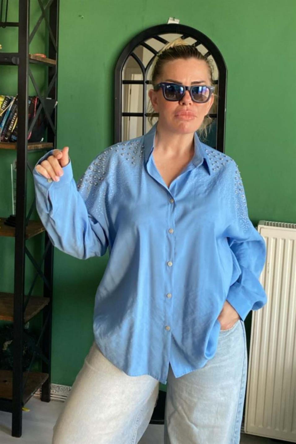 Boncuk İşlemeli Aerobin Gömlek Büyük Beden Mavi