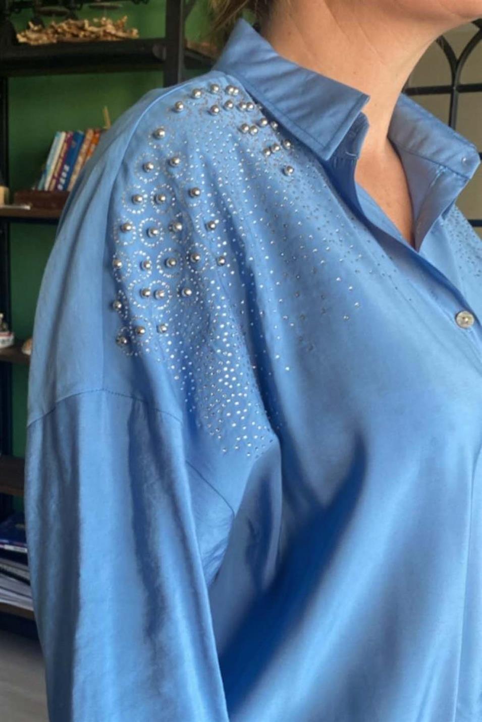 Boncuk İşlemeli Aerobin Gömlek Büyük Beden Mavi