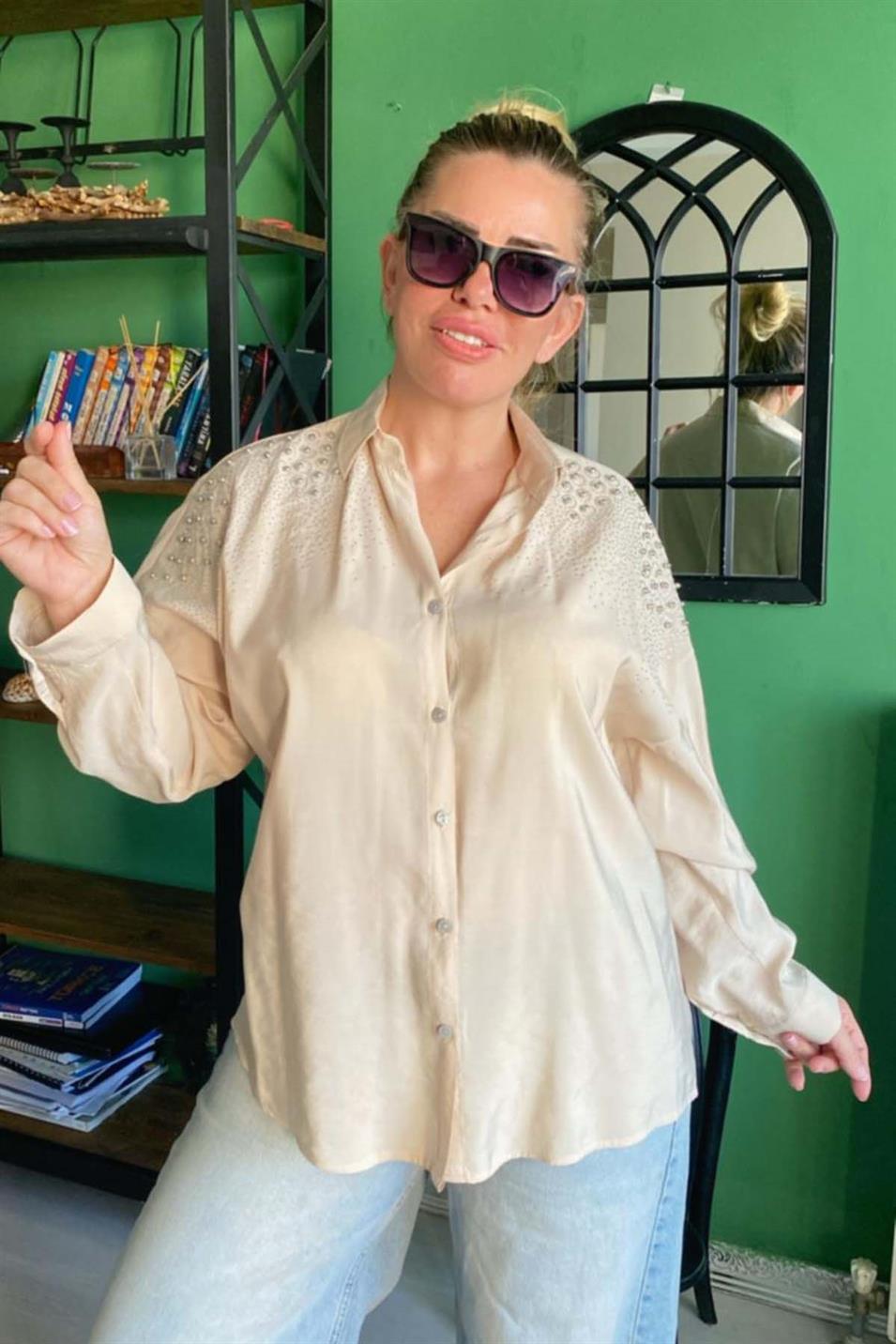 Boncuk İşlemeli Aerobin Gömlek Büyük Beden Taş